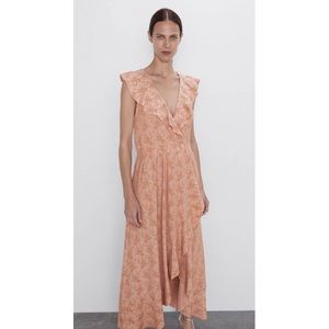 Zara Peach Jaquard High Slit Ruffled Wrap Dress Sz L NWOT